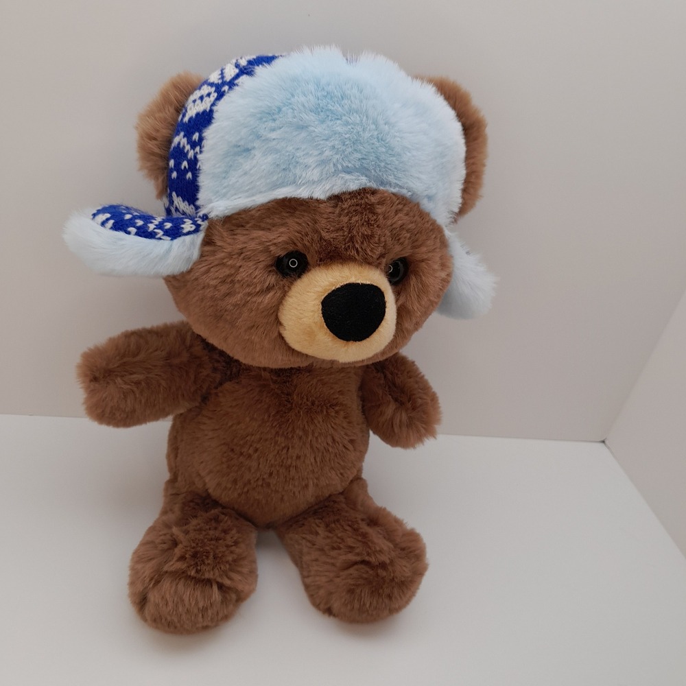 Aurora Brown Teddy Bear Plush Blue Knit Trapper Hat Winter Snowflake Stuffed Toy - Picture 3 of 6